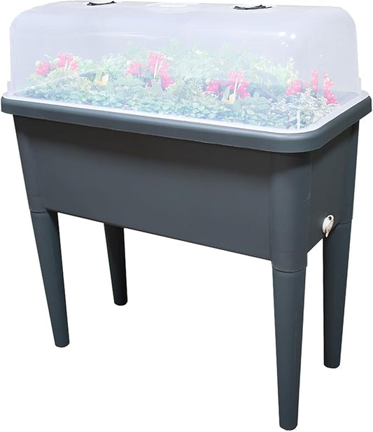 FENCETECH 20.8 Gallon Self Watering Raised Garden Bed with Greenhouse Cover, 30" x 25.6" x 15" Plastic Plant Box with Legs and Drainage Plug, Grey