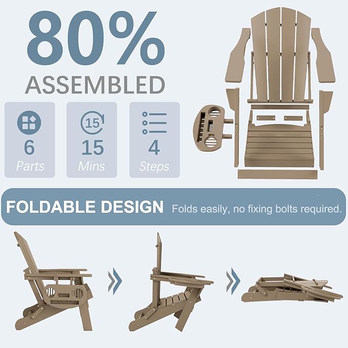 Adirondack Chair Set of 4, HDPE Folding Adirondack Chair with Multifunctional Cup Holder, Weather Resistant Fire Pit Chair for porches, patios, poolsides, Decks.