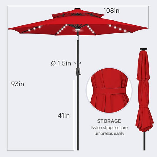 FLAME&SHADE 9 ft Double Top Solar Patio Outdoor Umbrella with 40 LED Lighted and Tilt, Market Table Umbrella for Pool, Porch, Garden, Deck, Yard Red
