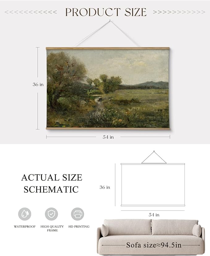 ARPEOTCY Extra Large Vintage Framed Wall Art, 36x54 Inch Creek Forest Landscape Hanging Framed Canvas Prints Scroll Wall Art Decor for Living Room Bedroom, Retro Scenery Pictures Above of Bed
