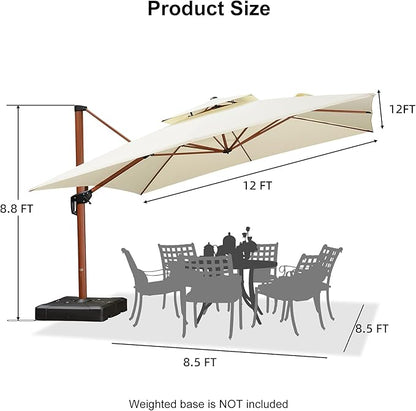 PURPLE LEAF 12ft Patio Umbrella Outdoor Square Umbrellas Large Cantilever Umbrella Windproof Offset Heavy Duty Sun Umbrellas for Garden Deck Pool Patio, Cream