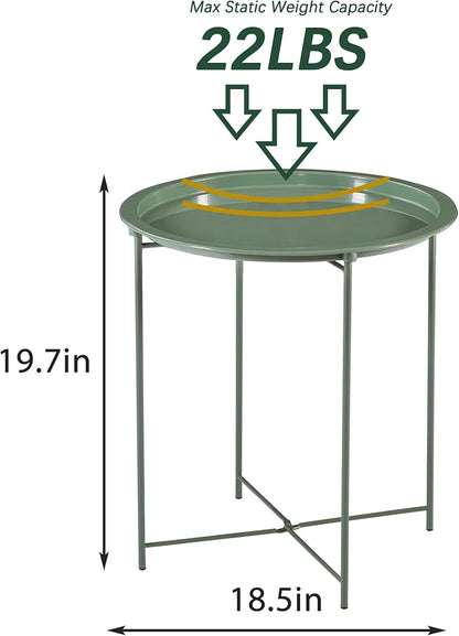 VECELO Side/End Table, Folding Round Metal Anti-Rust and Waterproof Outdoor or Indoor Tray for Living Room Bedroom Balcony and Office, 1 PCS, Dark Green