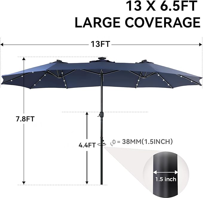 GREEN PARTY 13 ft Rectangle Patio Umbrella with Solar Lights, Double-Sided Market Table Umbrella with Crank, Large Outdoor Umbrellas for Patio Poolside Garden Backyard, Navy Blue