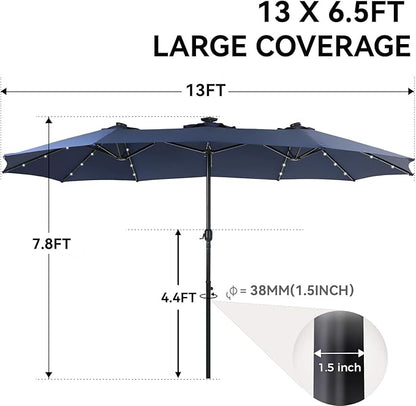 GREEN PARTY 13 ft Rectangle Patio Umbrella with Solar Lights, Double-Sided Market Table Umbrella with Crank, Large Outdoor Umbrellas for Patio Poolside Garden Backyard, Navy Blue