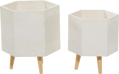 Deco 79 Magnesium Oxide Indoor Outdoor Planter Large Planter Pot with Wood Legs, Set of 2 Planters 15", 17"H, White