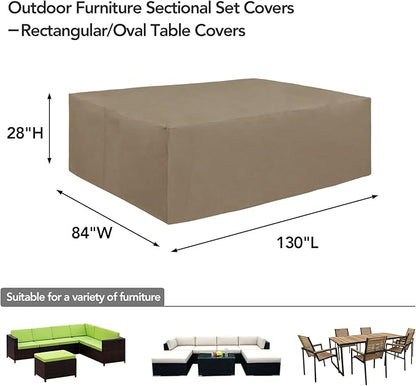 Easy-Going 600D Heavy Duty Patio Furniture Cover, Outdoor Rectangular Table and Chair Set Cover, Waterproof Outdoor Sectional Set Cover (130" L x 84" W x 28" H, Camel)