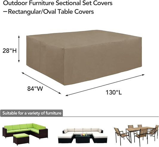Easy-Going 600D Heavy Duty Patio Furniture Cover, Outdoor Rectangular Table and Chair Set Cover, Waterproof Outdoor Sectional Set Cover (130" L x 84" W x 28" H, Camel)