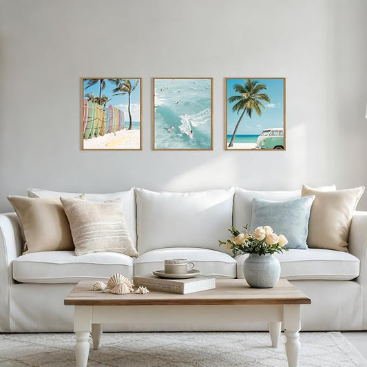 KAIRNE Ocean Beach Framed Canvas Wall Art Set, Coastal Seascape Surfboard Wall Decor, Modern Palm Tree Art Prints, Summer Surfing Blue Artwork for Living Room, Bedroom, Farmhouse, Office-12 x16 x3