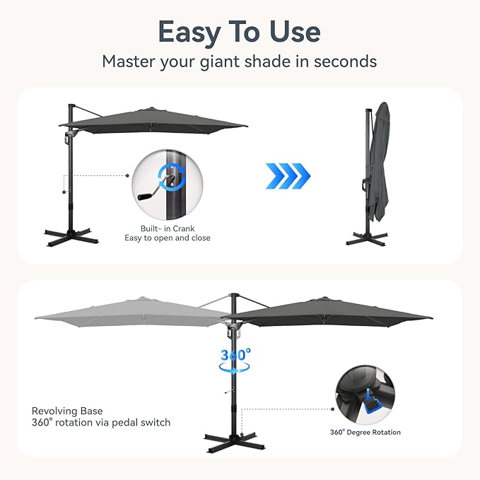 GREEN PARTY 9x12 ft Cantilever Patio Umbrella with Base, Rectangle Offset Outdoor Umbrellas with 360° Rotation, 5-Year-Non-Fading Hanging Pool Umbrella for Garden Deck Poolside - Grey