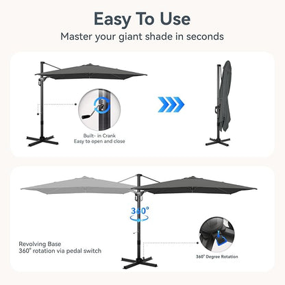 GREEN PARTY 9x12 ft Cantilever Patio Umbrella with Base, Rectangle Offset Outdoor Umbrellas with 360° Rotation, 5-Year-Non-Fading Hanging Pool Umbrella for Garden Deck Poolside - Grey