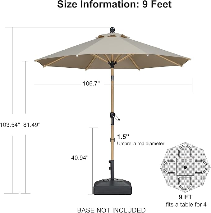 PURPLE LEAF 9 Feet Patio Umbrella Outdoor Table Umbrella Aluminum Round Market Umbrella with Push Button Tilt & 8 Sturdy Ribs and Crank Commercial Sun Umbrella for Garden Patio Balcony, Beige