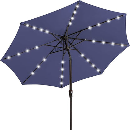 JEAREY 9FT Outdoor Patio Umbrella with Solar Lights, LED Lighted Pool Umbrella with Tilt and Crank, Outdoor Table Umbrellas for Deck, Yard & Market (Dark Blue)