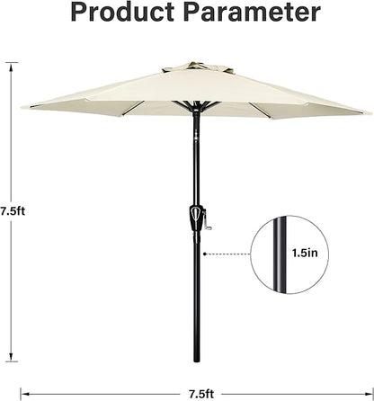 Simple Deluxe 7.5' Patio Umbrella with 20 Inch 50lbs Capacity Fillable Round Base, 6 Sturdy Ribs with Push Button Tilt/Crank for Garden, Deck, Backyard, Pool, Creamy White and Black