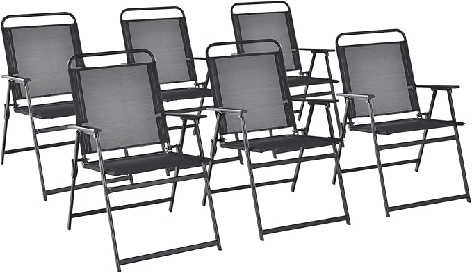 Tangkula Outdoor Folding Chairs Set of 6, Patio Dining Chairs with Breathable Seat & Cozy Armrests, Heavy-Duty Metal Frame, Portable Lawn Chairs for Backyard, Porch, Camping (6, Black)