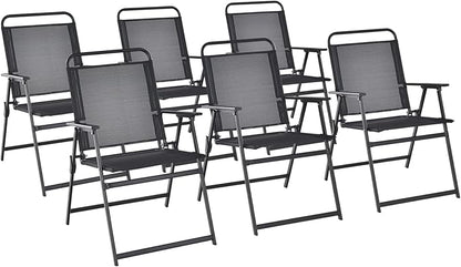 Tangkula Outdoor Folding Chairs Set of 6, Patio Dining Chairs with Breathable Seat & Cozy Armrests, Heavy-Duty Metal Frame, Portable Lawn Chairs for Backyard, Porch, Camping (6, Black)