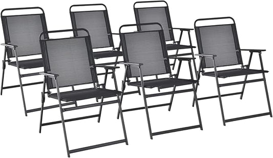 Tangkula Outdoor Folding Chairs Set of 6, Patio Dining Chairs with Breathable Seat & Cozy Armrests, Heavy-Duty Metal Frame, Portable Lawn Chairs for Backyard, Porch, Camping (6, Black)