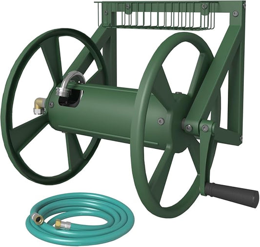 Artigarden Triangle Wall Mounted Garden Hose Reel, Outdoor Heavy-Duty Water Hoses Holder Winder, Holds 125 Ft of 5/8-Inch Hose, with 3.9 ft Leader Hose, Brass Fitting, Storage Basket for Yard, Green