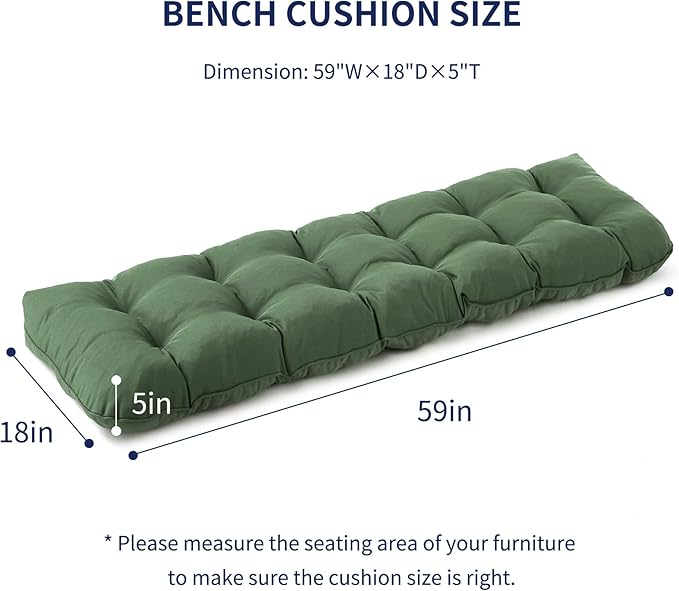 IPYNBAP Outdoor Bench Cushion, 59x18x5 Inch, Waterproof Bench Cushion for Outdoor/Indoor Furniture, Tufted Patio Bench Seat Cushion, Fade Resistant Outdoor Cushions for Porch Swing Couch, Dark Green