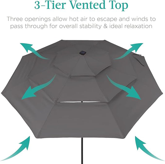 Best Choice Products 10ft 3-Tier Solar Patio Umbrella, Outdoor Market Sun Shade for Backyard, Deck, Poolside w/ 24 LED Lights, Tilt Adjustment, Easy Crank, 8 Ribs - Gray