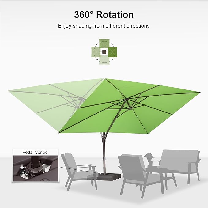 PURPLE LEAF 9' X 11.5' Rectangle Cantilever Umbrella with Base Patio Umbrella Outdoor Aluminum Offset Hanging Umbrella with 360-degree Rotation for Pool Garden Backyard Deck, Green