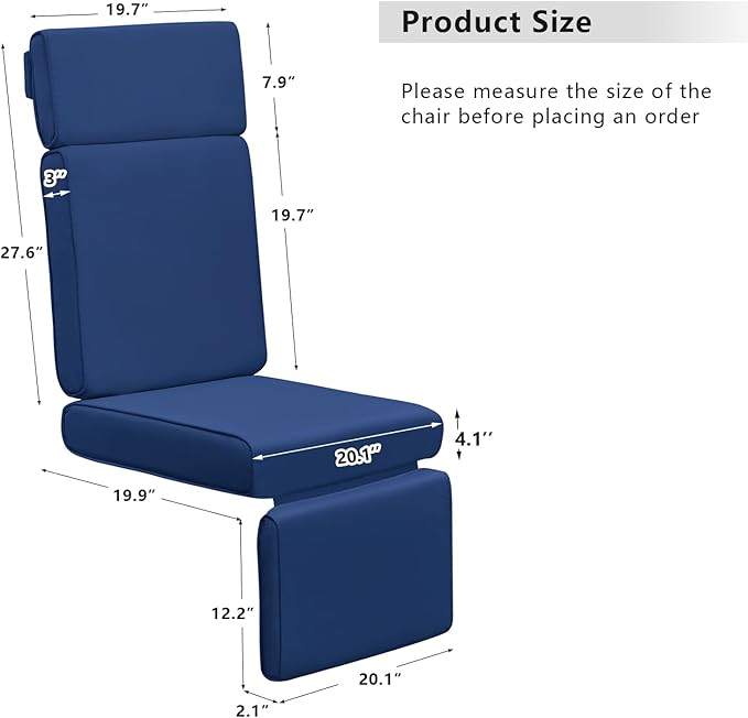 ATR ART TO REAL Outdoor Recliner Replacement Cushion, High Back Chair Cushions Patio Wicker Reclinning Chairs Seat Pad, Removable Cover, Waterproof, UV Resistant (Style A, Navy Blue)