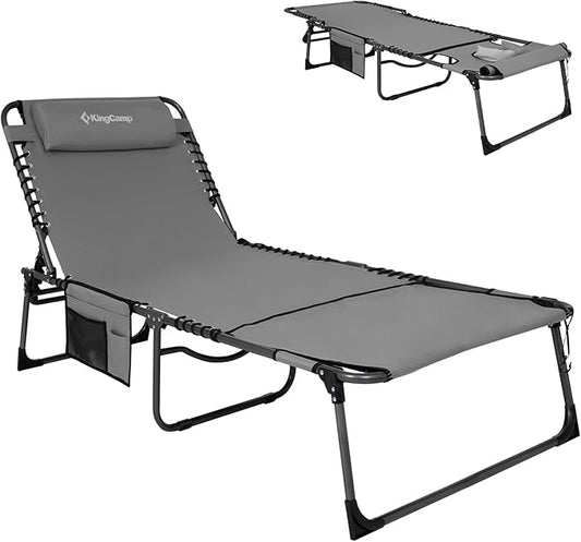 KingCamp Tanning Chair with Face Hole, Lounge Chairs Outdoor Folding Portable Comfy Adjustable 5-Position Lay Flat Foldable Chaise Chaser Lounger for Outside Beach Patio Sun Bathing Pool, Grey