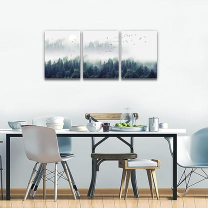 3 Piece Canvas Wall Art for Living Room Wall Decorations for Bedroom Office Wall decor Foggy forest Trees Landscape painting Stretched and Framed Ready to Hang pictures Home Decor 12"x16"x3 Panels