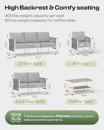 Aluminum Outdoor Sofa Armchair, HDPE Rope Patio Couch with Washable Thick Cushion, All-Weather Outdoor Patio Chairs Set of 2 for Balcony, Yard, White Frame, White