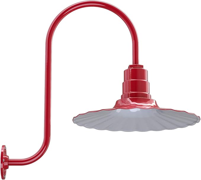 Steel Lighting Co. Highland Park Barn Light | Outdoor Wall Mounted | 16 inch Radial Wave | Upslope Gooseneck | Vintage Style Made in America | Red Exterior/White Interior