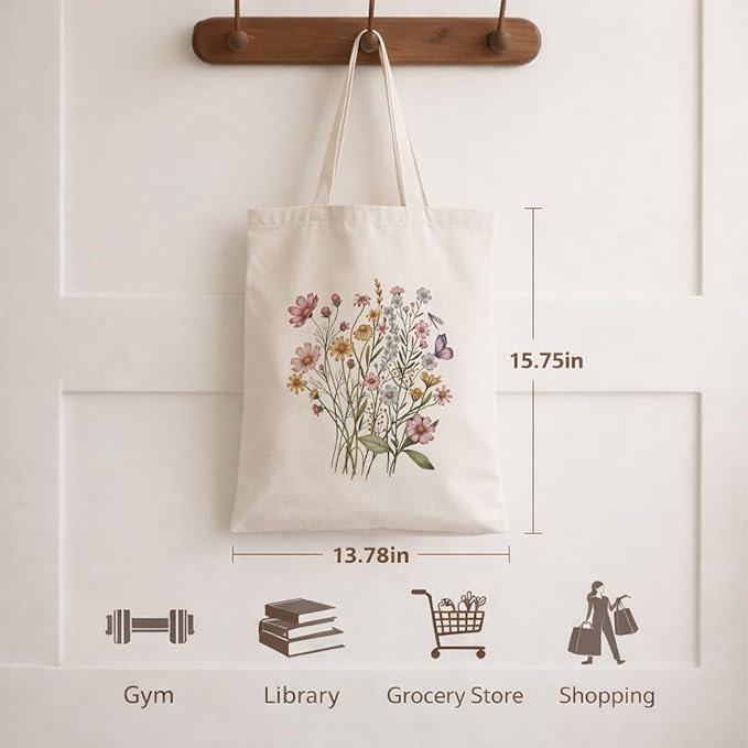 Floral Canvas Tote, Women Weekend Bags, Reusable Grocery Canvas Bag, Large Two Sided Printing Tote Bags