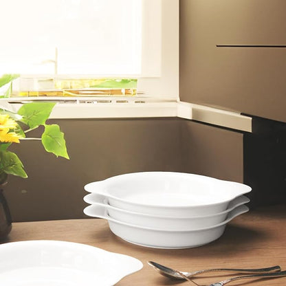 Round Au Gratin Baking Dishes, Set of 4, Porcelain Baking Dish Oven Safe Roasting Lasagna Pan, Ceramic Bakeware Ideal for Crème Brulee Casserole, Lasagna, Gratin, Broiling, Roasting, and