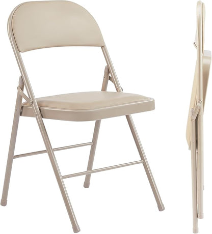 Sweetcrispy Folding Chair 2 Pack, Leather Padded Folding Chairs, Sturdy Metal Foldable Chairs, Easy to Use and Store, Outdoor and Indoor, for Home, Office, Party, Comfy, Kahki