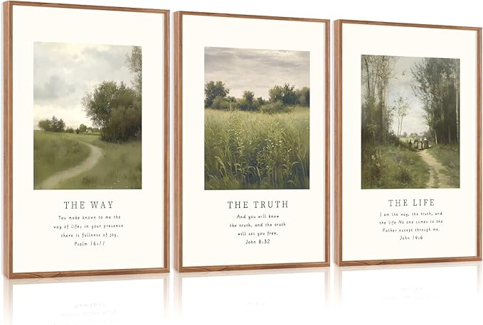 CHDITB Christian Path Framed Canvas Wall Art Set, Biblical Verses Wall Decor, Scripture Spiritual Wall Painting, Vintage the Way the Truth the Life Art Prints for Church Zen Room Office 24"x36"x3
