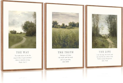 CHDITB Christian Path Framed Canvas Wall Art Set, Biblical Verses Wall Decor, Scripture Spiritual Wall Painting, Vintage the Way the Truth the Life Art Prints for Church Zen Room Office 24"x36"x3