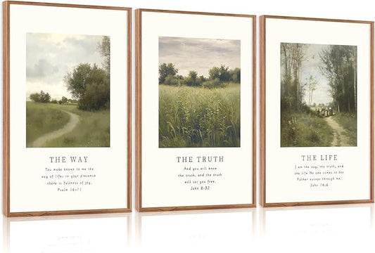 CHDITB Christian Path Framed Canvas Wall Art Set, Biblical Verses Wall Decor, Scripture Spiritual Wall Painting, Vintage the Way the Truth the Life Art Prints for Church Zen Room Office 24"x36"x3