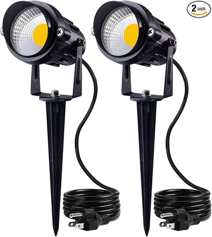 SUNVIE Outdoor Landscape LED Lighting 12W Waterproof Garden Lights COB Led Spotlights with Spiked Stand for Lawn Decorative Lamp US 3- Plug 3000K Warm White (2 Packs)