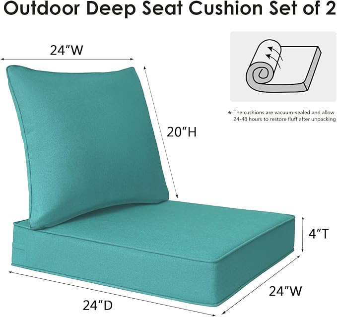 Outdoor Patio Chair Cushions Set, 24" x 24", Set of 2, Water-Repellent, Fade Resistant, Deep Seat Bottom and Back Cushion for Backyard, Couch, Sofa and Patio Furniture, Turquoise