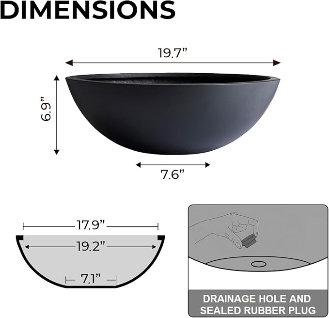 6.9"H x 19.7"D Round Bowl Fiberstone Planter for Succulent and Lotus with Drainage Hole, Smooth Finishes, Weather Resistant for Indoor, Included 2 Extra Coco Mats (Black, 17.9" Pot Opening)