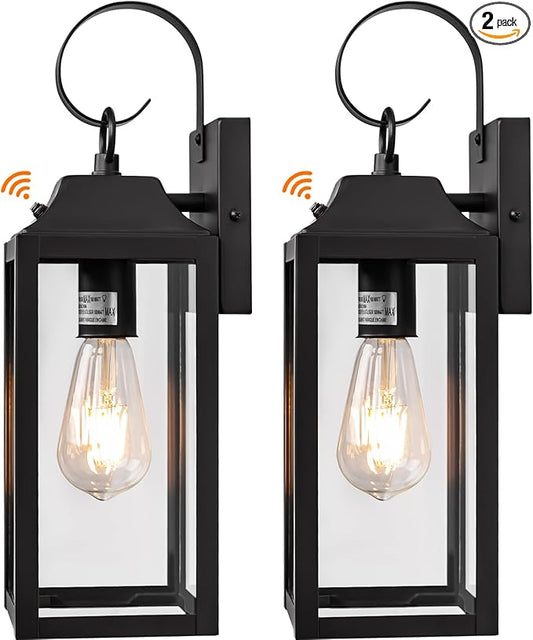 Dusk to Dawn Wall Lights 2 Pack, Black Outdoor Light Fixtures Wall Mount, 15 Inch Exterior Wall Sconces Waterproof, Large Outside Lights for House, Modern Wall Lanterns Clear Glass