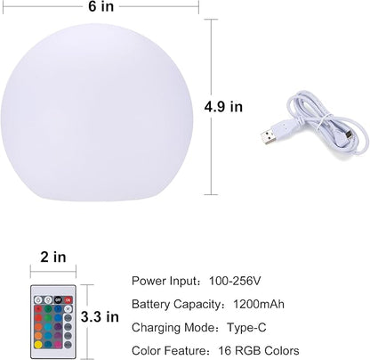 6 Inch Ball Light, Outdoor Glow Globe Light with Remote Control, LED Gazing Ball Night Light 16 Modes RGB Color Changing, Waterproof Globe for Garden Yard Pathway Decor