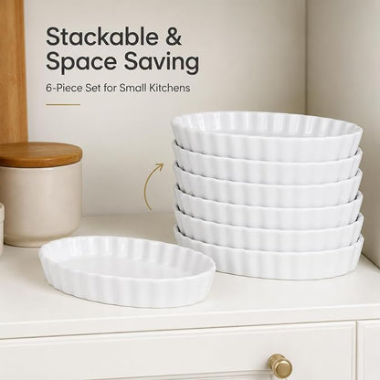 Creme Brulee Ramekins, 6 Pcs Oval Ceramic Baking Dishes 4 OZ, 5.2 Inch Oven Safe Baking Dishes for Souffle, Dessert, Baked Gratins, Prep Bowls for Ingredients, Dipping Sauces - Dishwasher Safe & Stackable