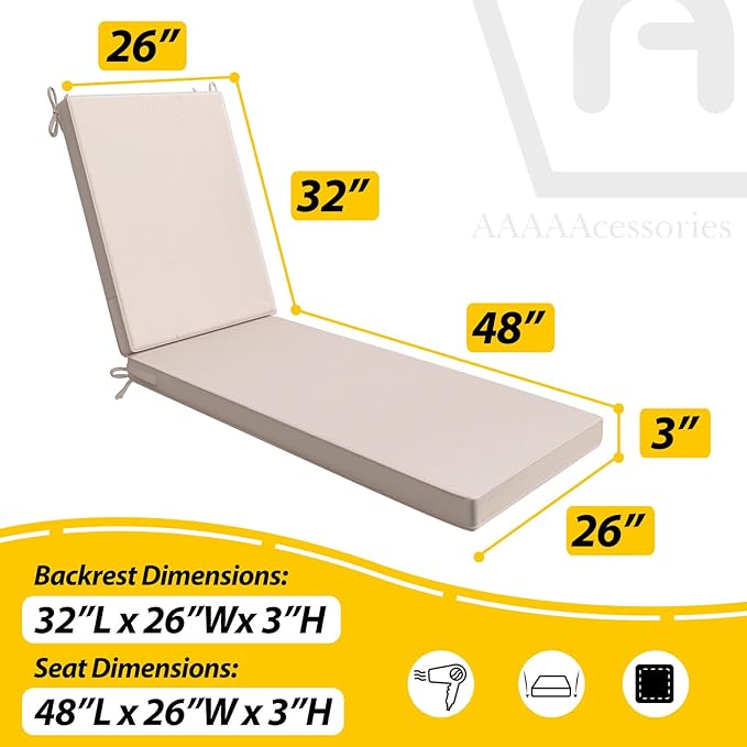 AAAAAcessories Outdoor Chaise Lounge Cushions, Waterproof, Fade-Resistant Patio Furniture Replacement Cushions, 80" x 26" x 3", Set of 2, Khaki Beige
