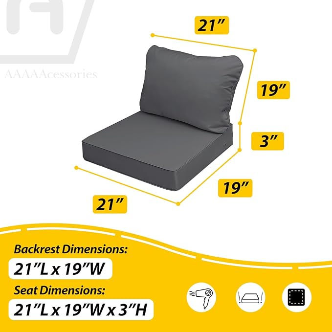AAAAAcessories Outdoor Seat Cushions for Chairs, Fade-Resistant, Waterproof Patio Furniture Replacement Cushions, 21" x 19" x 3" + 21" x 19", Dark Gray