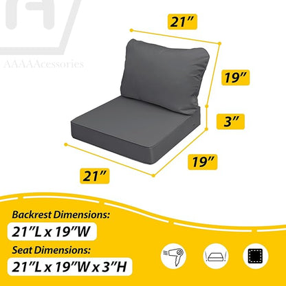 AAAAAcessories Outdoor Seat Cushions for Chairs, Fade-Resistant, Waterproof Patio Furniture Replacement Cushions, 21" x 19" x 3" + 21" x 19", Dark Gray