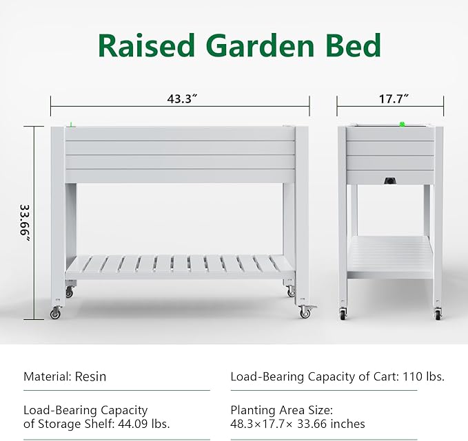 Vixzen Raised Garden Bed Outdoor,Reinforced Large Planter Box with Wheels & Storage Shelf,Mobile Planter Bed Box for Backyard, Patio, Balcony (Ashen, 21Gal（43.31"×17.72"×33.66"）)