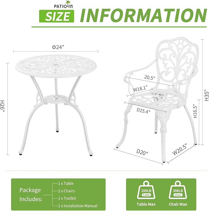 Outdoor Bistro Set 3 Piece, Bistro Table and Chair Set of 2, Cast Aluminum Patio Dinning Set with Umbrella Hole for Balcony, Garden, Porch
