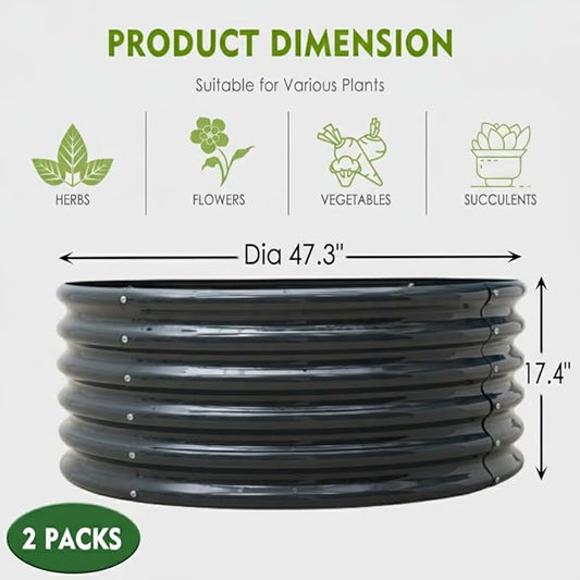 FORTUNO 2 Pcs 17" Tall 4 Ft Round Raised Garden Bed Box Galvanized Metal Outdoor High Flower Bed Steel Patio Ground Planter for Planting Vegetables and Herbs, Dark Grey