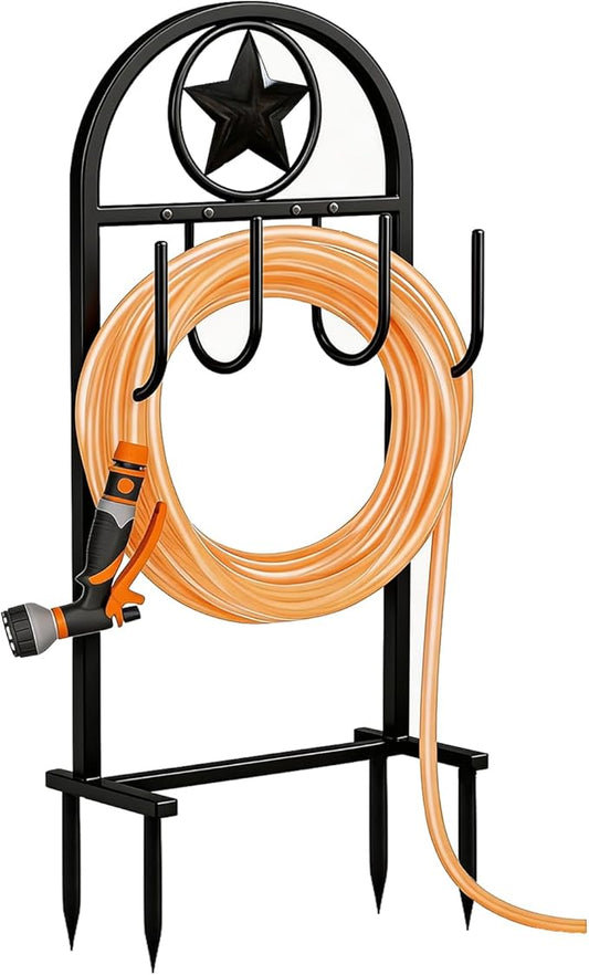 Garden Hose Holder - Upgraded Sturdy Hose Pentagram Holder, Freestanding Heavy-Duty Hose Reel, Sturdy Water Hose Holder and Hose Storage for Outside, Lawns and Yards,Black