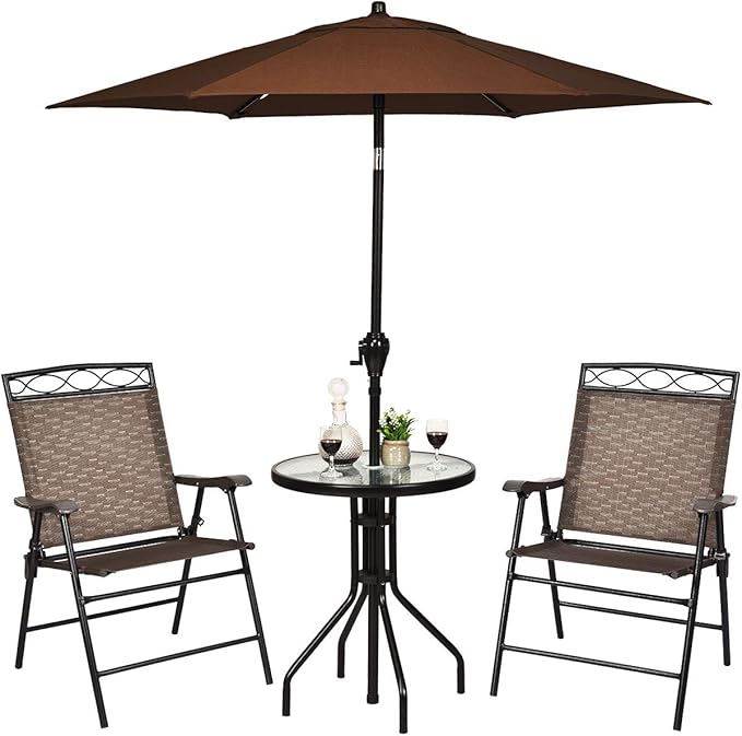 S AFSTAR 3-Piece Bistro Set, Patio Dining Furniture Set, Round Textured Glass Tabletop w/Umbrella Hole, Outdoor Conversation Set for Backyard Garden Poolside