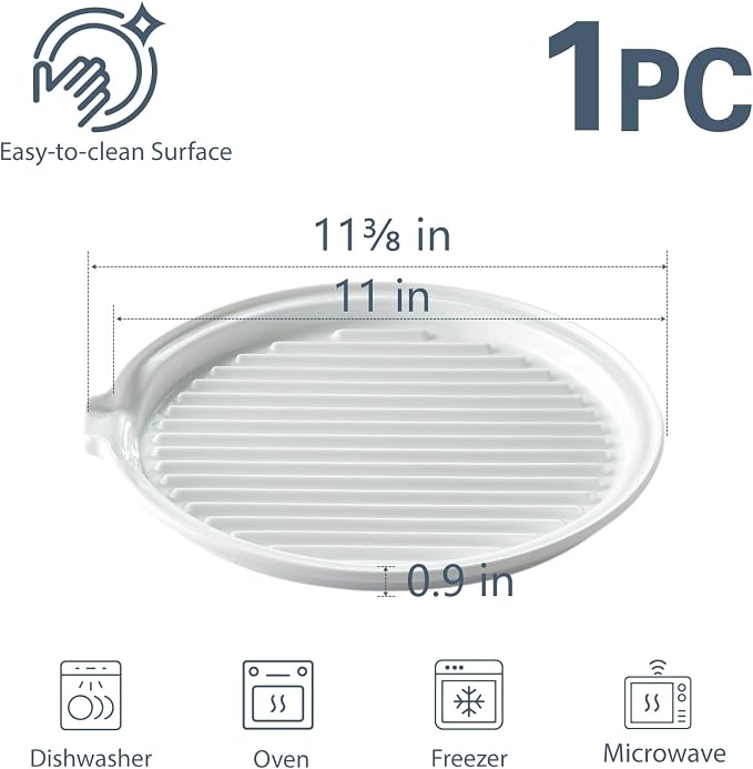ONEMORE Microwave Bacon Tray Ceramic Bacon Cooker Meat Rack for Oven Cooking Crispy Bacon Maker - 11 inch Round Bacon Dish Plate, White